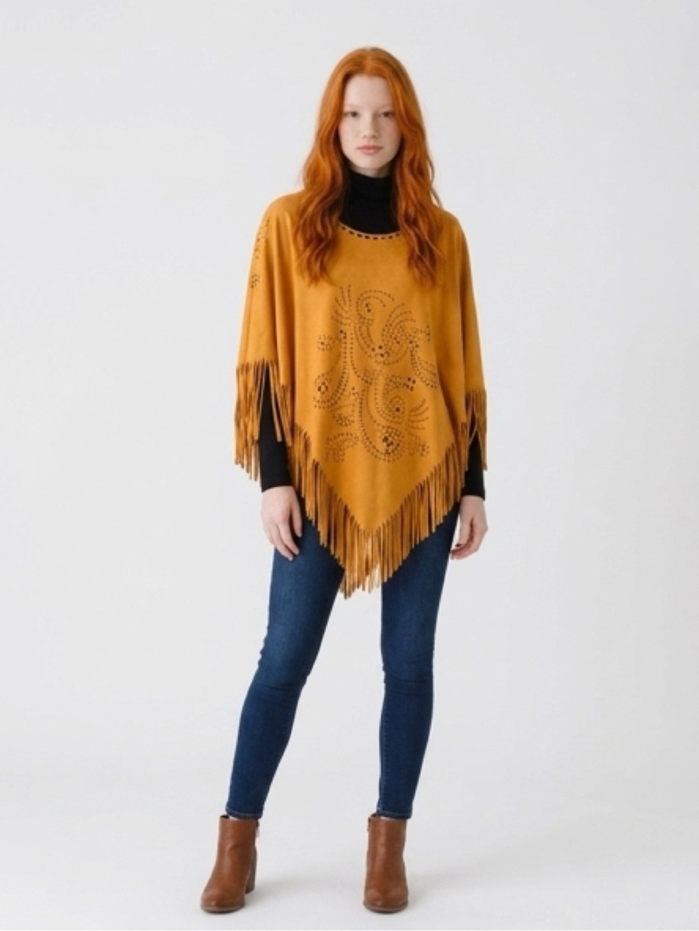 Faux Suede Laser Cut Fringe Poncho Cape Mustard Yellow One Size